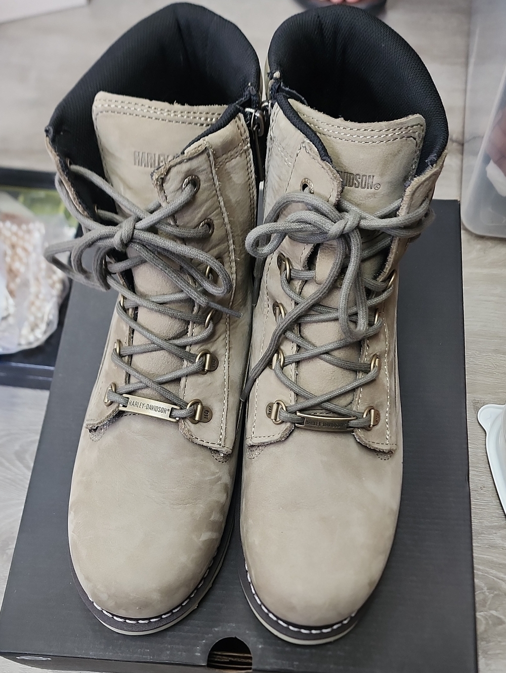 Harley-Davidson Women's Taupe Lace-Up Leather Boots with Metal Eyelets